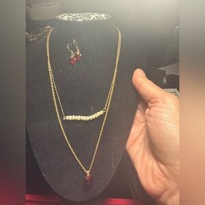 Two Gold Tone Necklaces with Heart Earrings Set